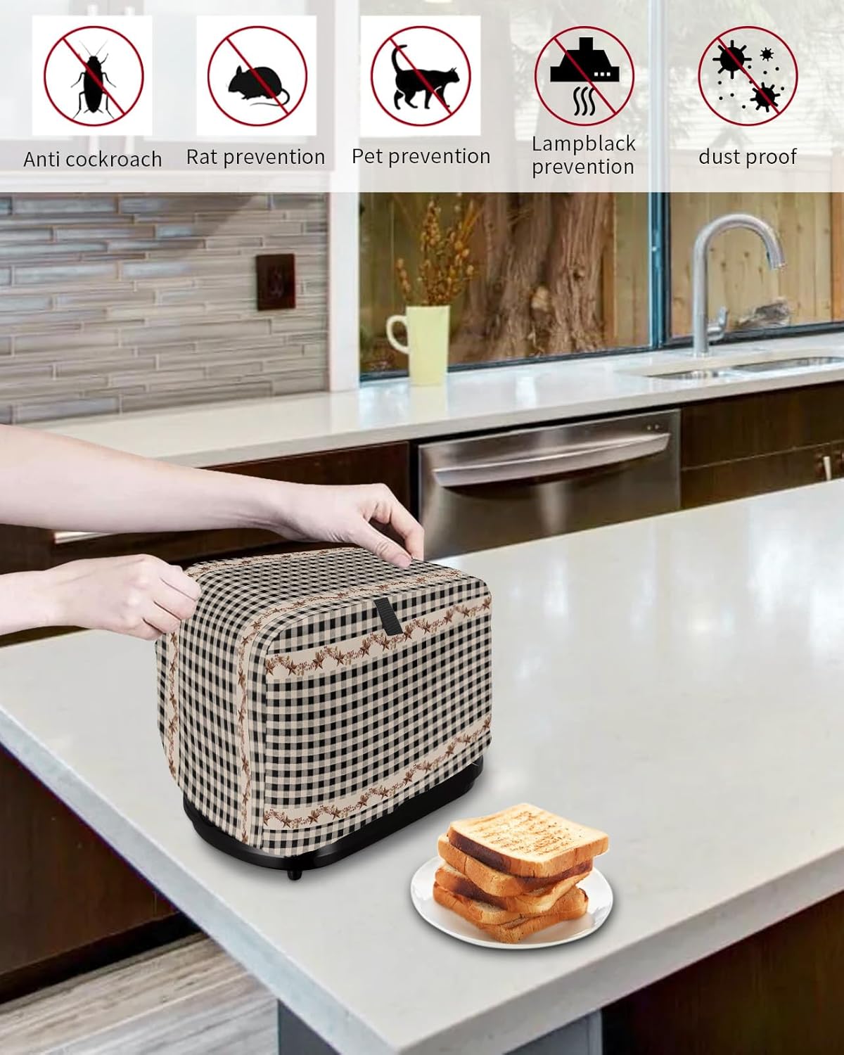 Country Star Berry Black Buffalo Plaid Toaster Dust Cover, Soft Washable 2 Slice, Pockets for Small Appliance Protection