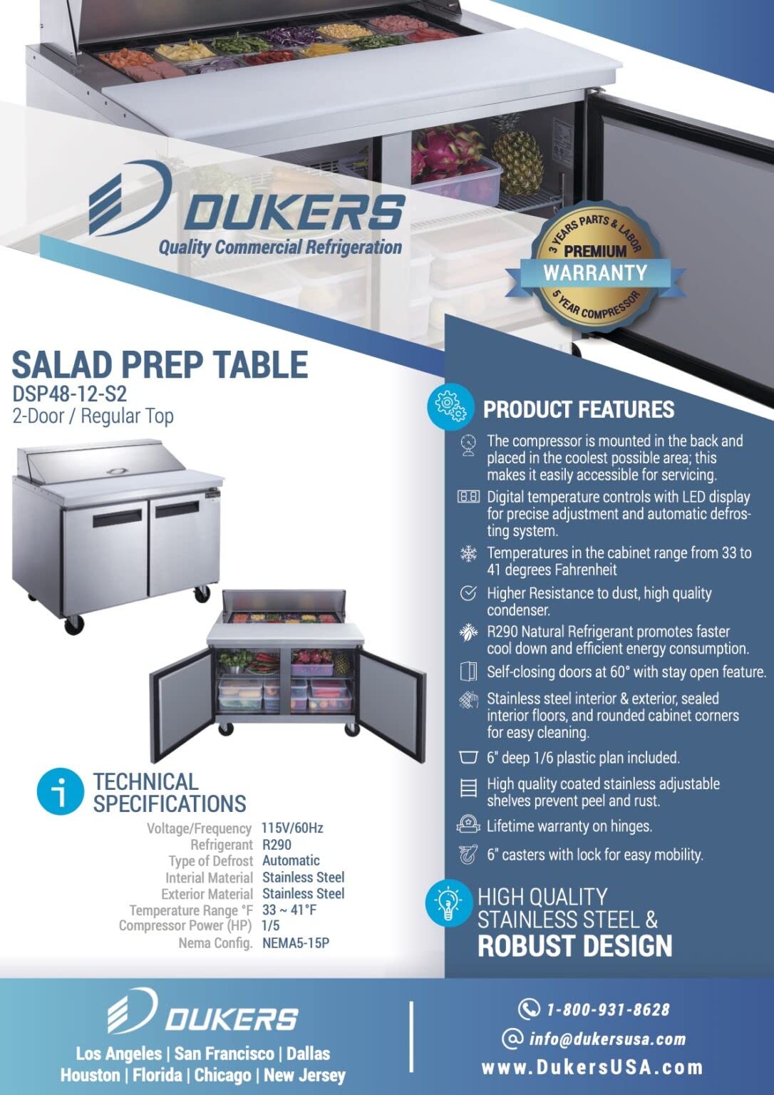 Dukers DSP48-12-S2 11.4 cu. ft. 2-Door Commercial Food Salad Sandwich Prep Table Refrigerator 48" inch
