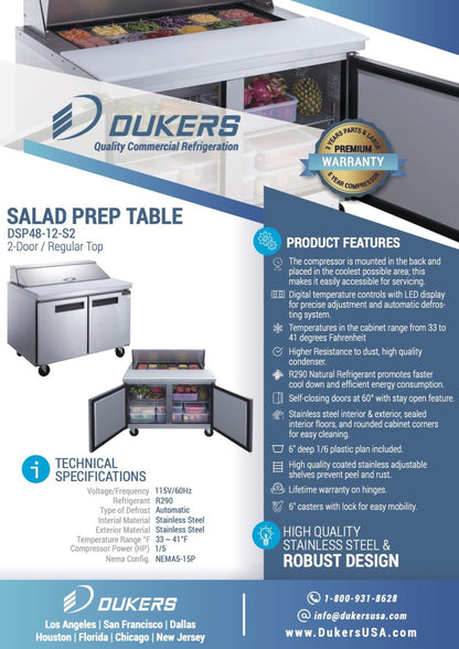 Dukers DSP48-12-S2 11.4 cu. ft. 2-Door Commercial Food Salad Sandwich Prep Table Refrigerator 48" inch