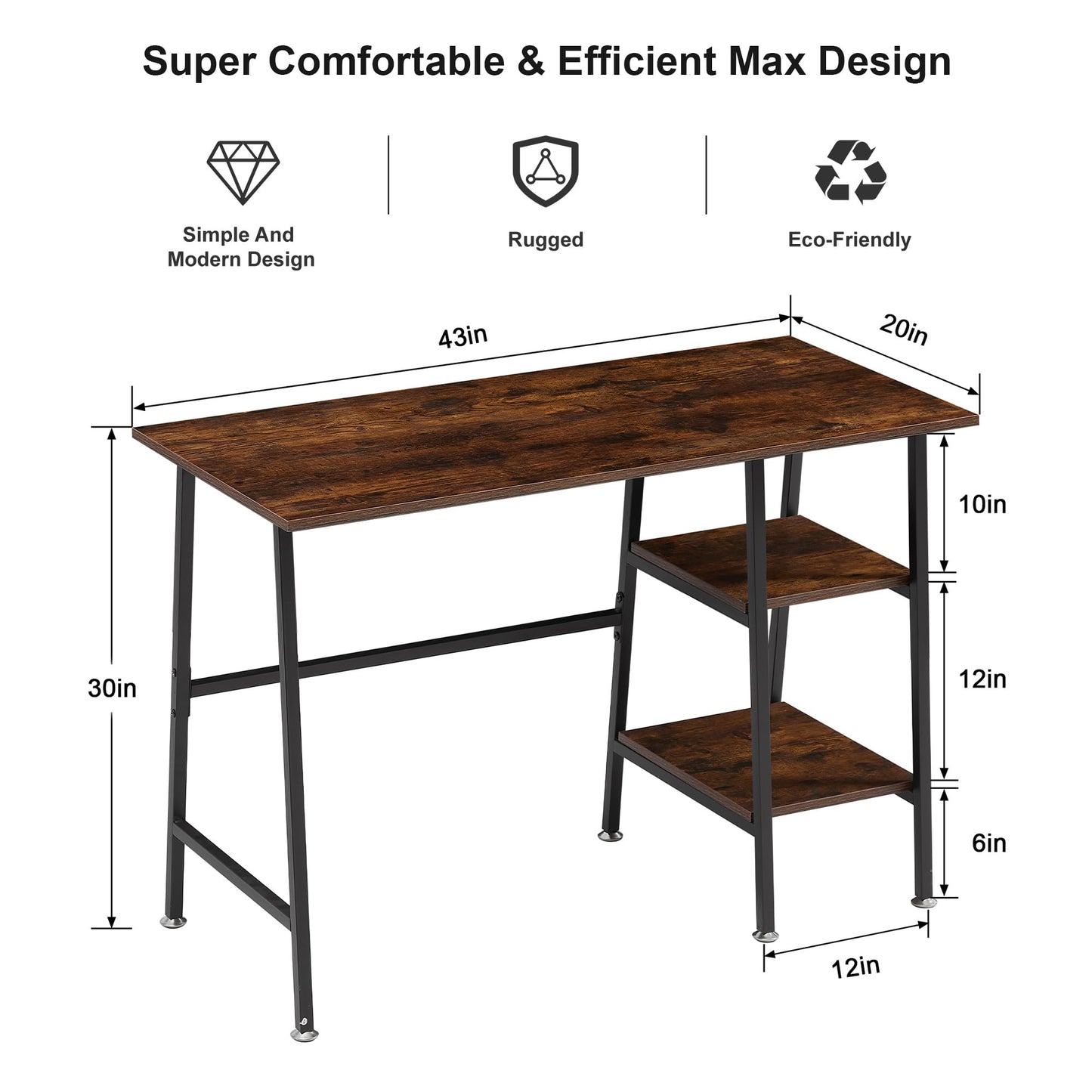 VECELO 43.1 Inch Computer Desk Home Office Walnut Study Desk Work Office Table with Shelves Wooden Desk for Bedroom