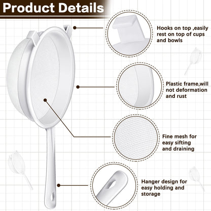 3 Pcs Plastic Nylon Mesh Strainer Colander with Handle Double Ear Fine Food Mesh Strainer Flour Sifter for Baking Kitchen Colander Sifter Kefir Tea Juice Pasta(3 Inch, 5 Inch, 7 Inch)