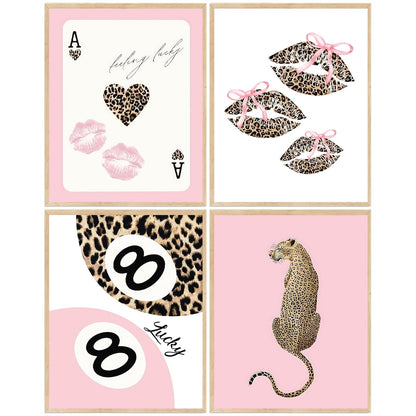4 Pack Leopard Print Coquette Diamond Art Kits for Adults, Pink Bow Diamond Painting Kits for Beginner, Diamond Dots Full Drill Crafts for Gem Art Home Wall Decor for Teens Girls 5D DIY 12x16in