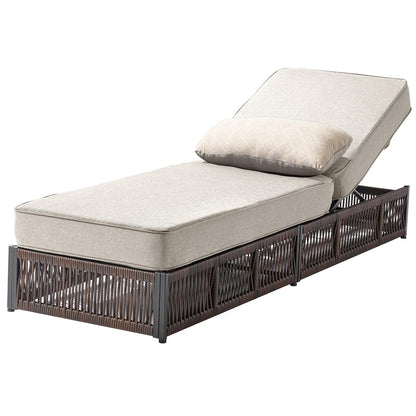 ACTREST Luxury Outdoor Chaise Lounge with 5 Inch Thickened Cushions - 1 Set High Back Brown Wicker Patio Recliners Rattan Reclining Chairs Porch Poolside Pool Sunbathing Lounger - Beige