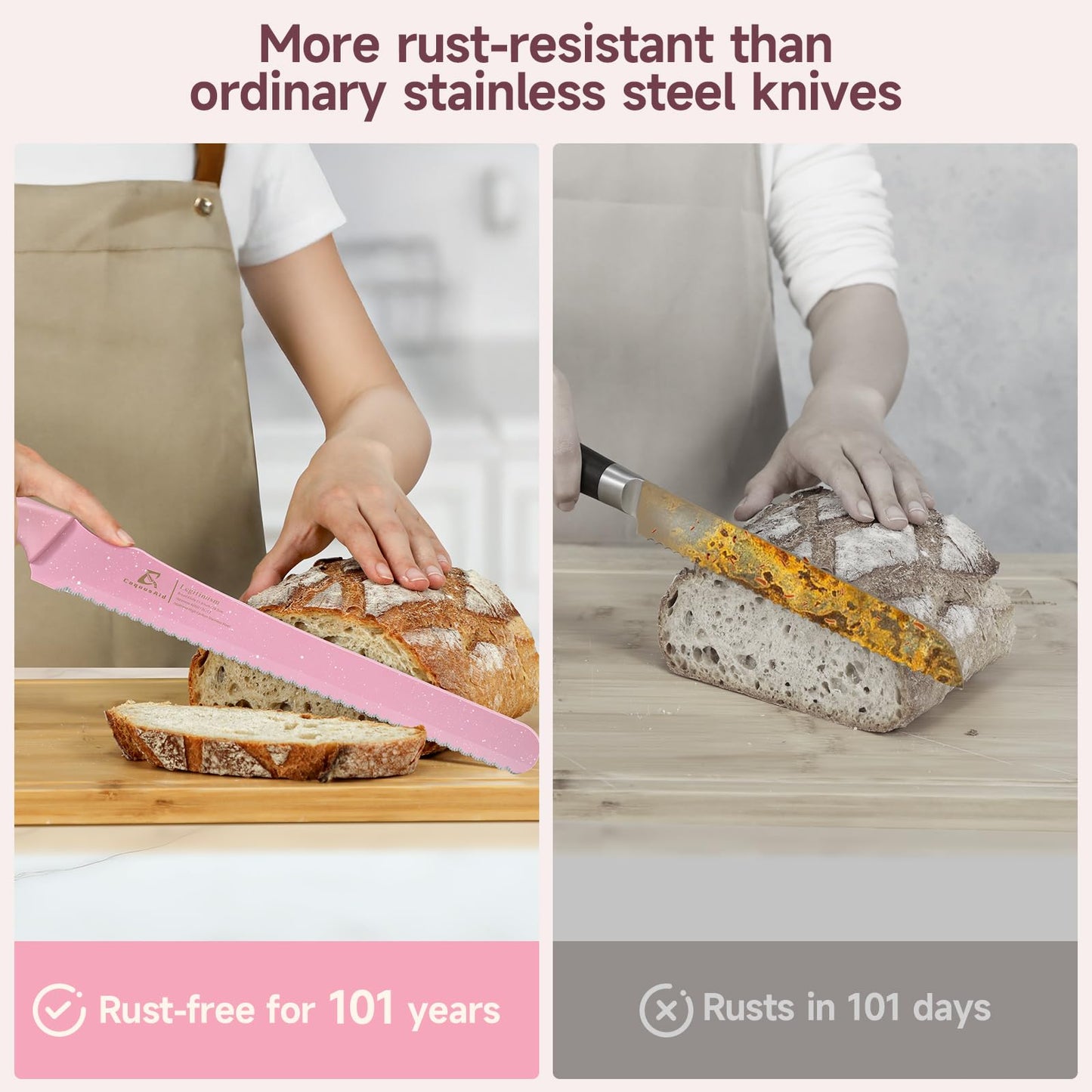 CoquusAid Upgrade Bread Knife for Homemade Bread, World‘s 1st Double Serrated Knife for Crusty Sourdough, 11.6 Inch Stainless Steel Bread Slicer, Professional Sourdough Cutter, Ideal for Gift, Pink