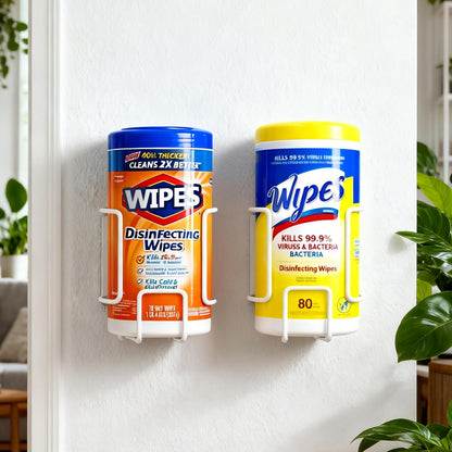 Wall-Mount Wipes Holder, Wipes Dispenser for Surface Cleaning Wipes, 5mm Steel Wire, Easy-Load Design with Strong Adhesive Backing (White, Small)
