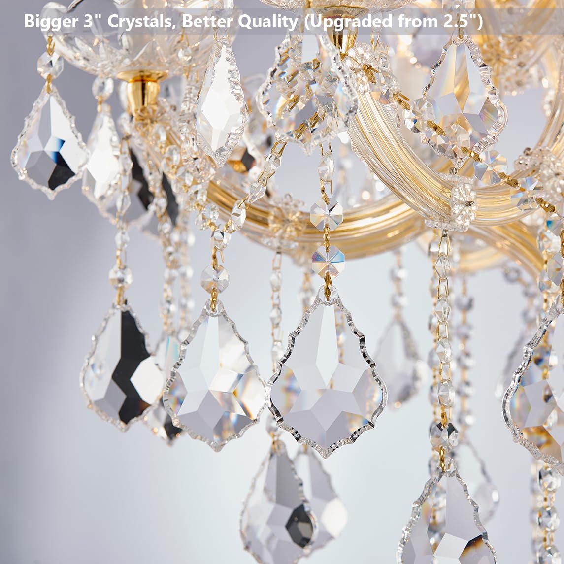 TMAFON Modern Gold Chandelier Light Fixture - Large Maria Theresa Crystal Chandeliers for Dining Room, Kitchen Island, Living Room, Bedroom, 15 Lights, 2 Layers
