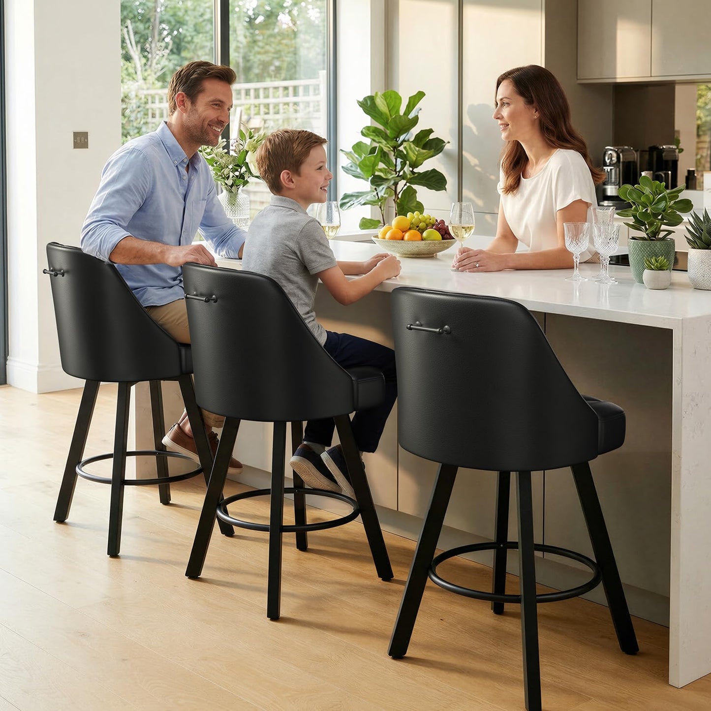 Memobarco Swivel Bar Stools with Backs, 26 Inches Counter Height Bar Stools Set of 3, PU Leather Upholstered Counter Barstools with Metal Legs and Footrest for Kitchen Island, Home Bar, Black