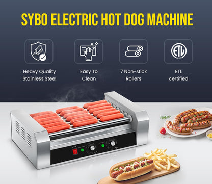 SYBO Hot Dog Roller, 18 Hot Dog 7 Roller Grill Cooker Machine with Removable Stainless Steel Drip Tray, 1000-Watts, Commercial Grade