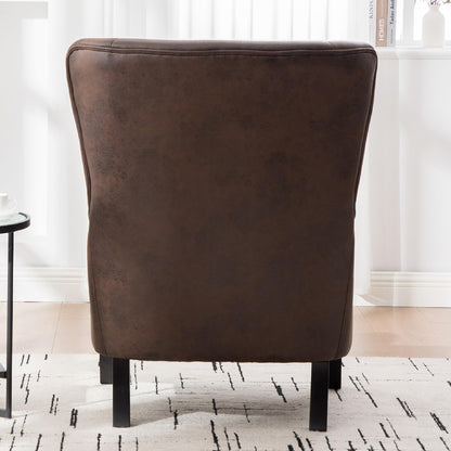 KEIKI PU High Back Accent Chair Oversized, Retro Wingback Reading Armchair with Solid Wood Legs, Mid-Century Comfy Arm Chair Lounge, Upholstered Single Sofa for Living Room, Easy Assembly, Brown