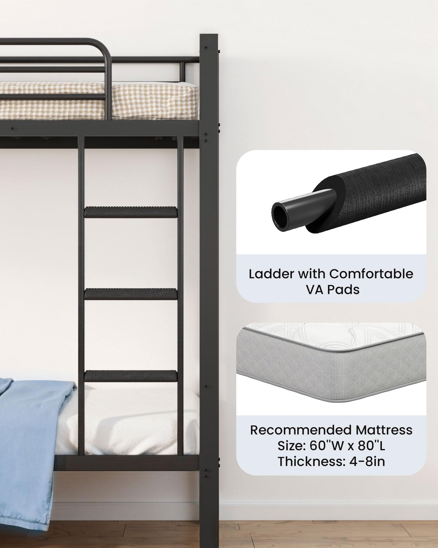 Mixcous Queen Over Queen Bunk Bed, Heavy Duty Metal Queen Bunk Bed Frame with Full-Length Guardrails & EVA Anti-Slip Ladder for Adults, Noise-Free, No Box Spring Needed, Black