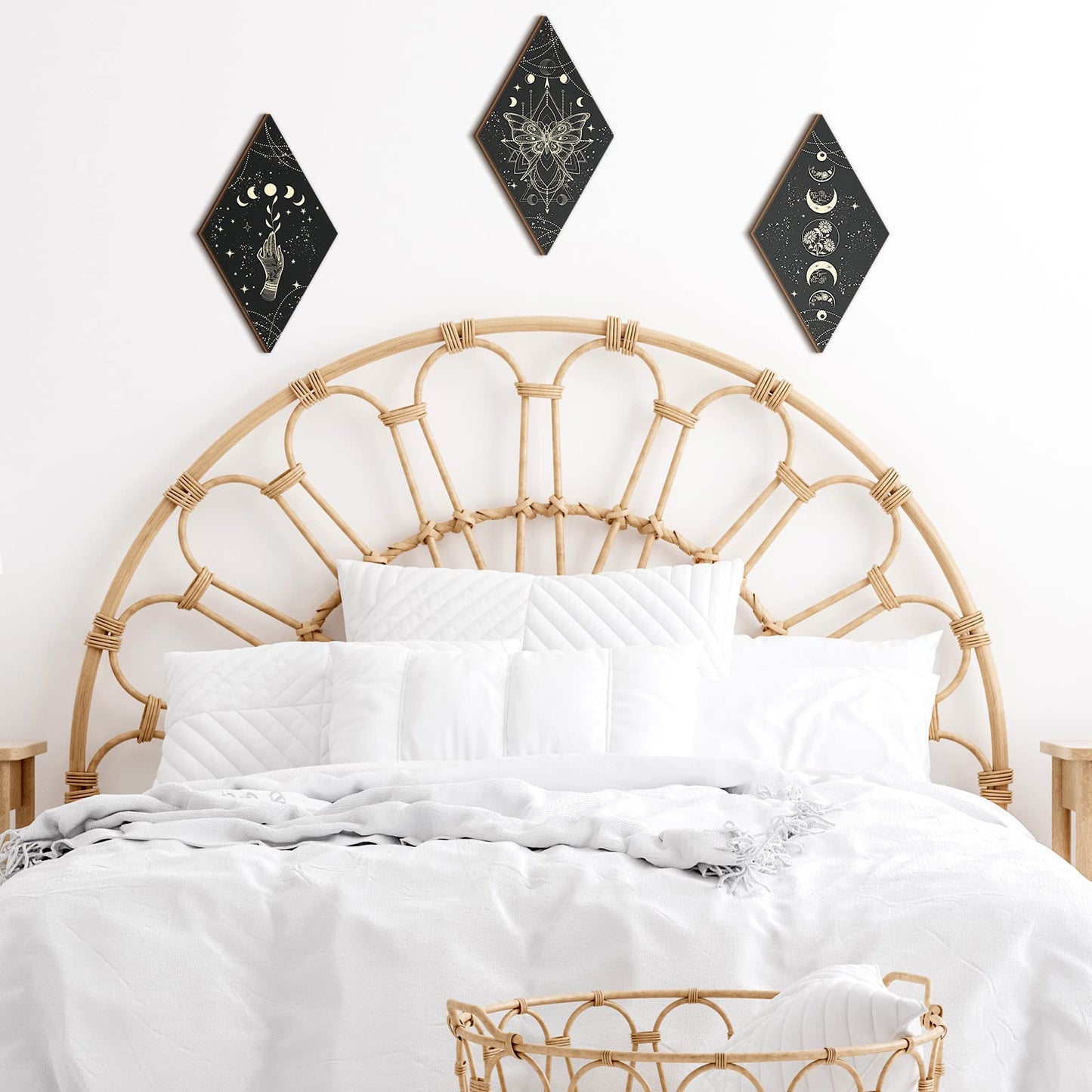 Ferraycle 3 Pcs Rustic Boho Wall Decor Moon Phases Butterfly Wall Art Stars Moon Decor Minimalist Room Decoration Wooden Gothic Witchy Pediments Hanging Sign for Home(9.5 x 16.1 Inch,Black, Gold)