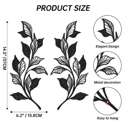 Slickss 14.6" 2 Pieces Metal Leaf Wall Art, 1mm Thick Matte Black Minimalist Vine Branch Decor, Above Door Bed Wall Hanging with Nail & Adhesive Mount Kit, Farmhouse Boho Decor for Home