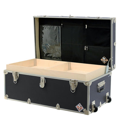 Rhino Trunk & Case Small Essential Trunk With Wheels, Tray, & Lid Organizer - 30"x17"x13", 1000+ lbs Capacity. Strong, USA Made Summer Camp Footlocker, and Secure College Dorm Storage Chest