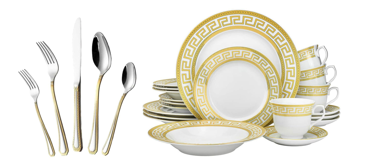 HOMEHUT 120-Pieces Vintage Gold Dinnerware and 18/10 Premium Stainless Steel Silverware Flatware Set - Greek Key Gold HQ Fine China Tableware Service for 12 People