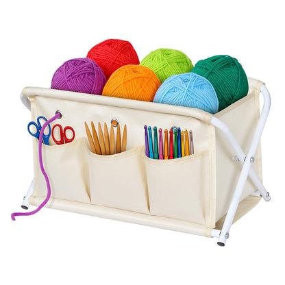 KEEGH Large Capacity Yarn Storage Organizer, Installation-Free Yarn Caddy with 3 Pockets Crochet Bag Organizer for Crochet Hooks, Knitting Needles, Accessories