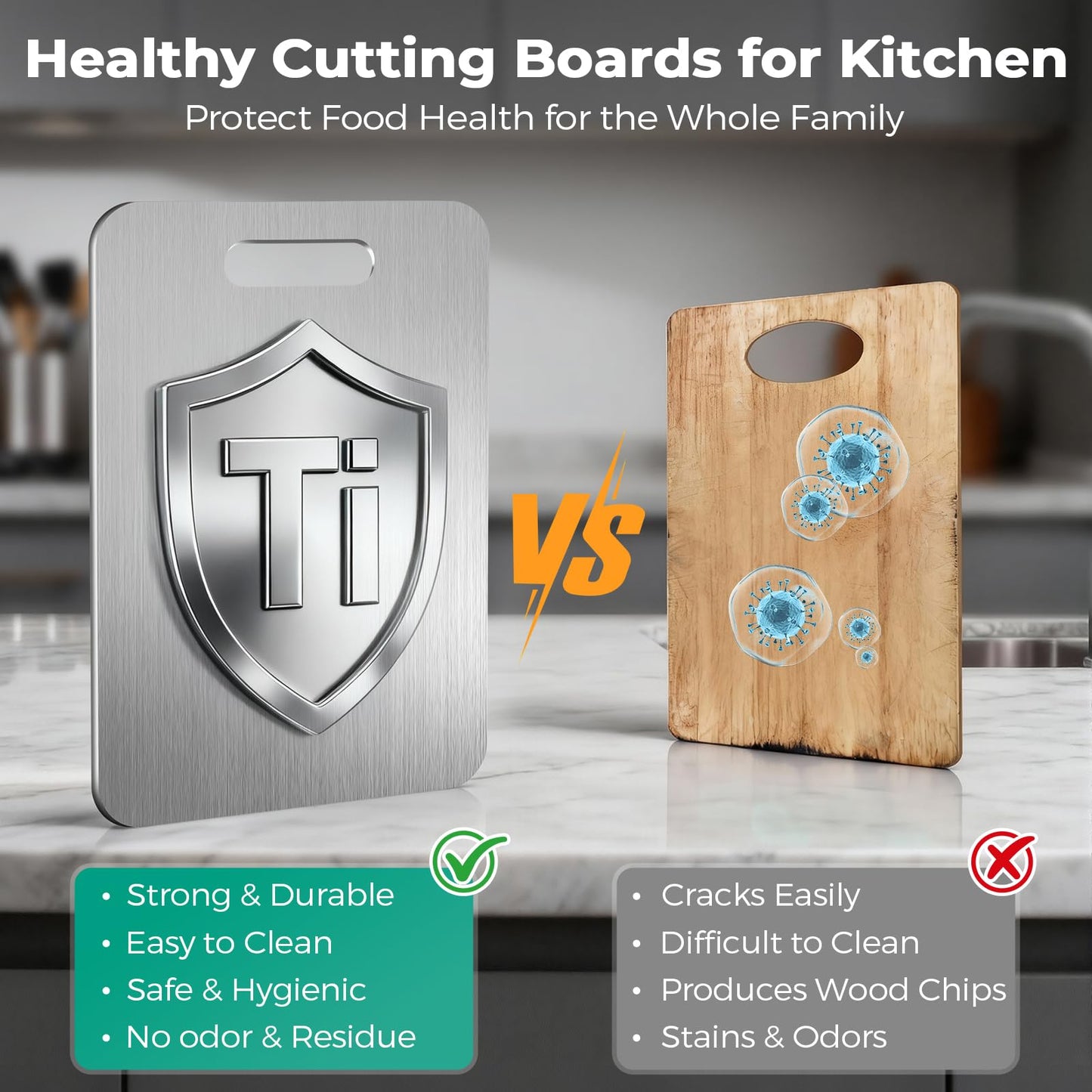 Katuchef Titanium Cutting Board - Upgraded 100% Pure Titanium Cutting Boards for Kitchen Non Toxic, Double Sided Food Grade Hygiene Non Moldy Dishwasher Safe Meat Fruit Metal Board (2PC S+L)