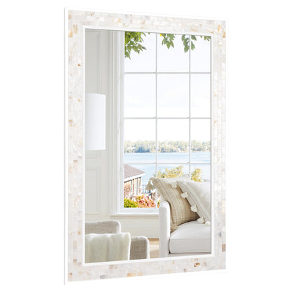 White Framed Bathroom Mirrors for Wall, 20x28 Inch Mother of Pearl Inlay Mirrors with Tempered Glass for Bathroom Bedroom or Living Room (Horizontal/Vertical Hanging)