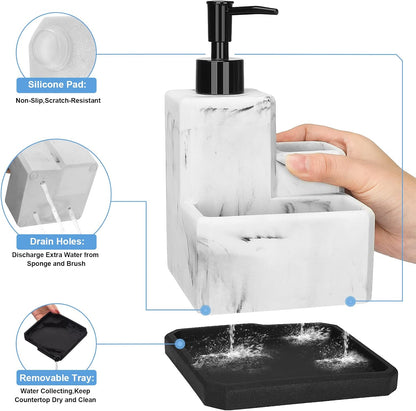 LeucSuiok 3 1 Soap Dispenser with Sponge Holder and Brush Holder,White Marble in Liquid Hand Dish Soap Dispenser