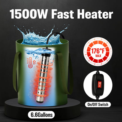 Portable Shower with Heater, Pop Up Camping Shower Privacy Tent Kit with LED Lights, 6000mAh Rechargeable Shower Pump, 6.6 Gal Foldable Bucket, Outdoor Camp Shower Kit for Travel, Pet Bath, Car Wash