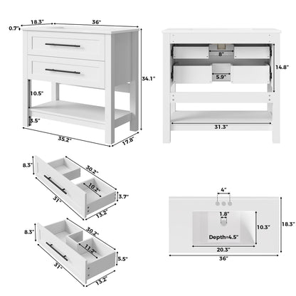 LIKIMIO 36" Bathroom Vanity with Sink, Freestanding Bathroom Vanity with 2 U-Shaped Drawers & Open Shelf, Integrated Ceramic Sink, Modern Bathroom Storage Cabinet, Easy Assembly, White