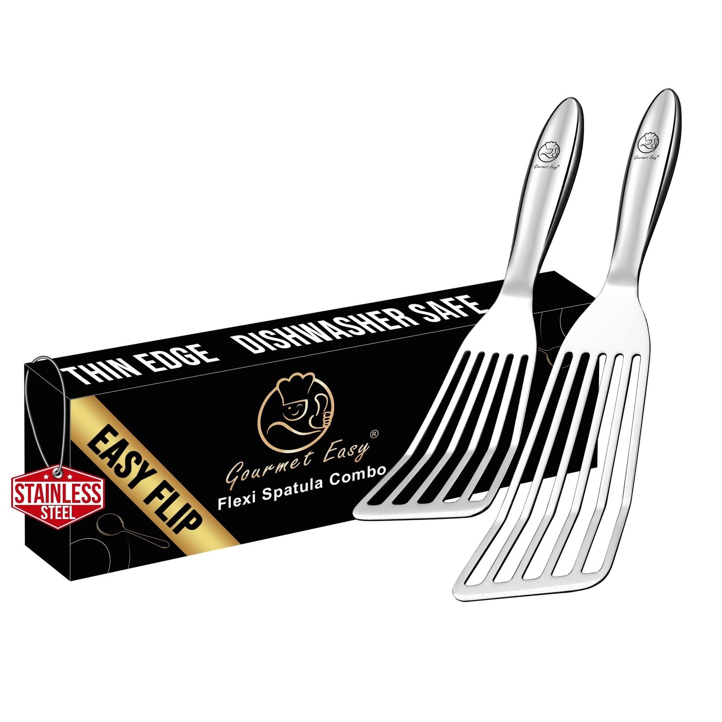 Stainless Steel Fish Spatula Set – 1 Large Fish Turner + 1 Small Metal Spatula, Ultra Thin Edge for Easy Turning & Flipping, Metal Kitchen Untensils with Ergonomic Non-Slip Handle, Dishwasher Safe