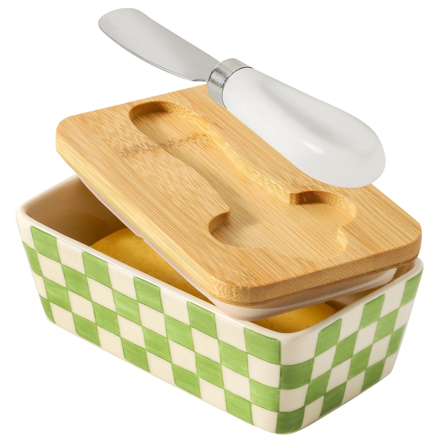 Howise Butter Dish with Lid, Large Butter Dish for Countertop, Ceramic Butter Keeper Container with Knife and Silicone Sealing Butter Box for Home Decor Good Kitchen Gift Green