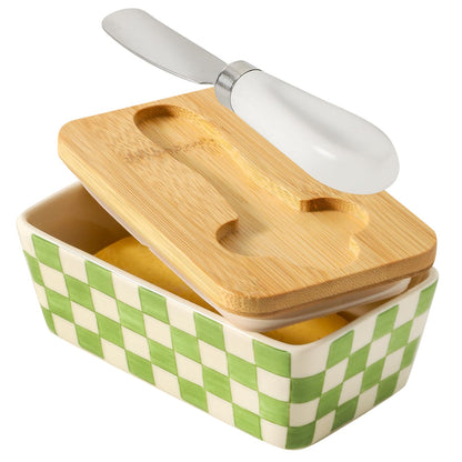 Howise Butter Dish with Lid, Large Butter Dish for Countertop, Ceramic Butter Keeper Container with Knife and Silicone Sealing Butter Box for Home Decor Good Kitchen Gift Green