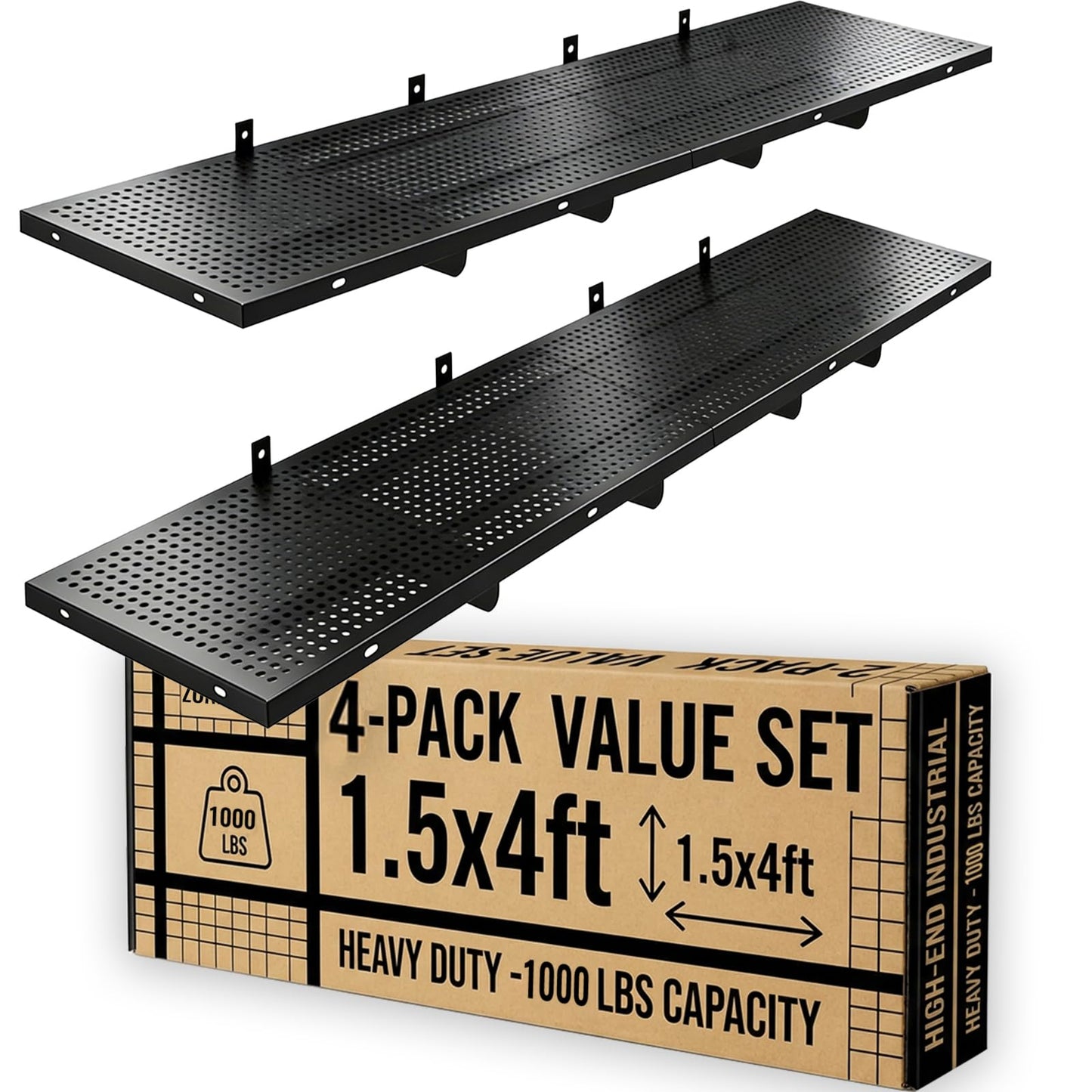 ZONEGRACE 4-Pack 1.5x4ft Garage Wall Mount Shelves, 1000 Lbs Heavy Duty Wall Shelving, Metal Organizer Rack For Garage Wall Storage Systems With Complete Install Kit & Hooks, Black