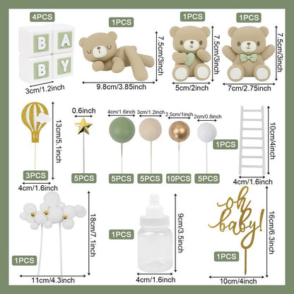 Acmee 44 PCS Green Bear Cake Toppers - Mini 3D Bear BABY Letters Milk Bottle Green Gold Foam Balls Cake Toppers for Boy Girl Birthday Party Baby Shower Cake Decorations