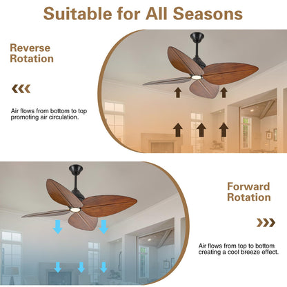 Fanyank 52“ Leaf Ceiling Fan with Light, Remote and App Control, 6 Speed Reversible, 3 Color Dimmable, Tropical Coastal Fandelier Ceiling Fans, for Bedroom, Living Room (Dark Brown)