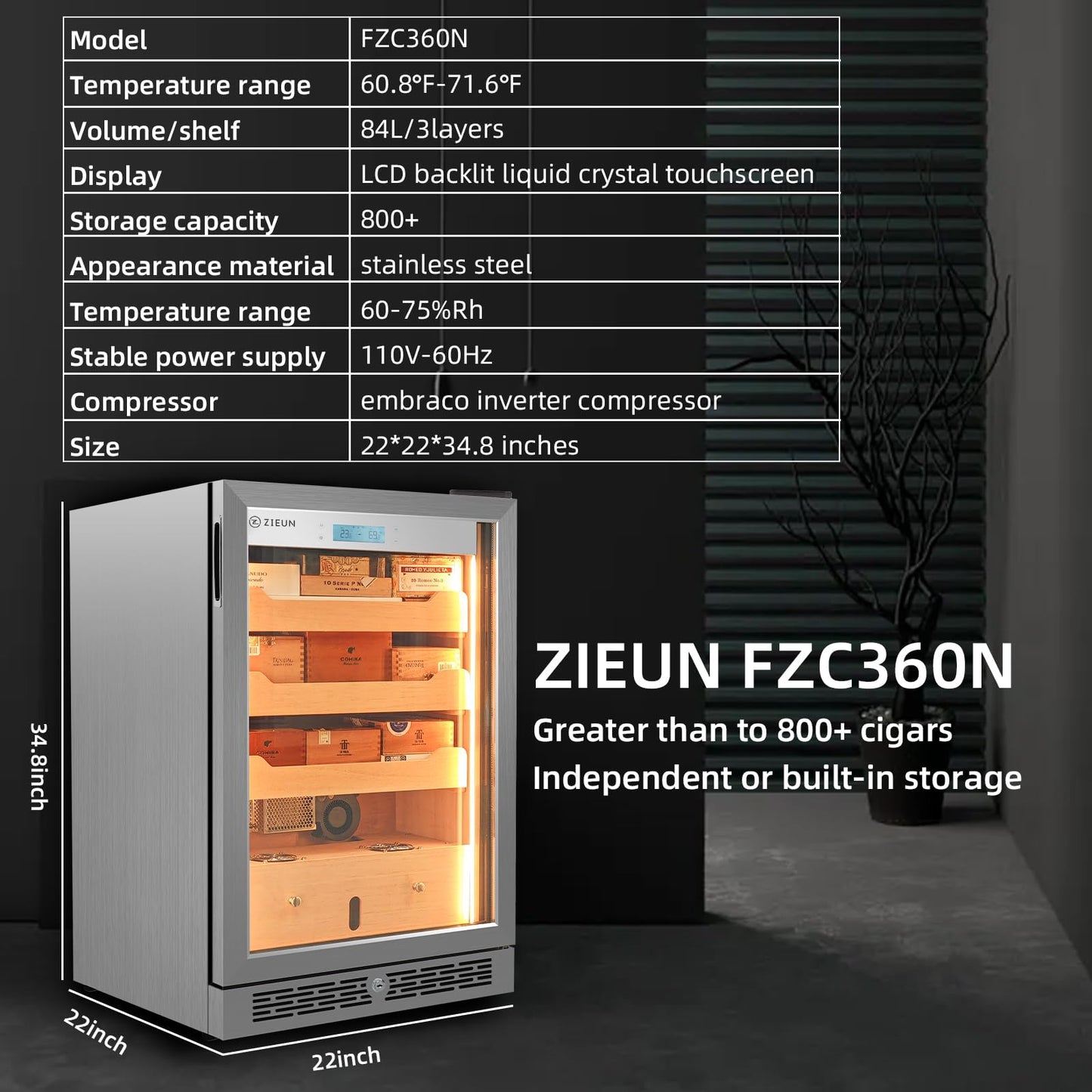 ZIEUN Upgrade 84L Electric Cigar Humidor Temperature & Humidity Control,Built-in Humidification System with Spanish Cedar Wood Shelves, Holds 800 Cigars with LED
