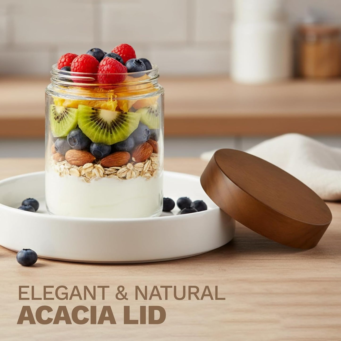 16 oz 4-Pack Bumobum Overnight Oats Containers with Lids, Glass Mason Jars with Acacia Wood Airtight Lid, Wide Mouth