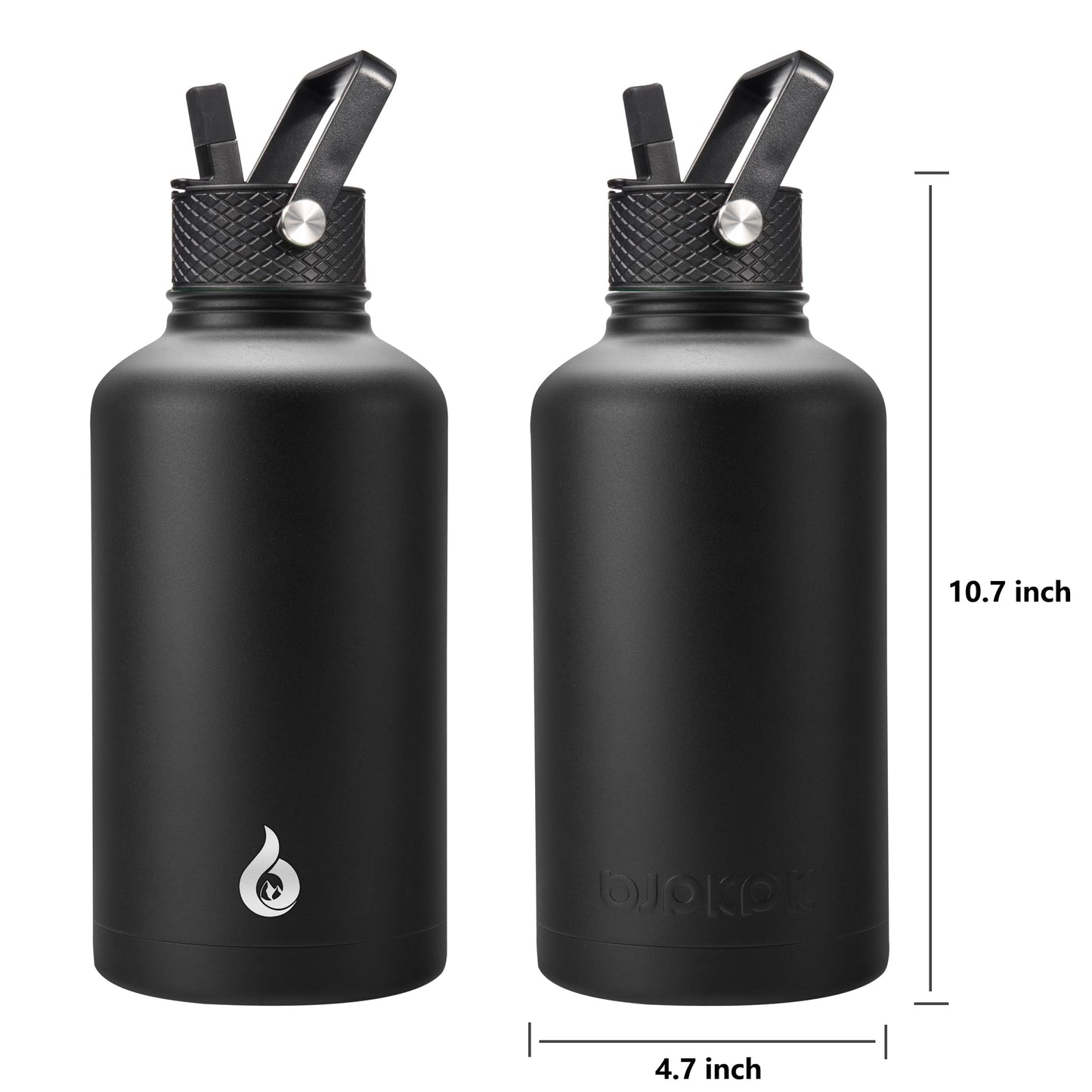 BJPKPK Half Gallon Insulated Water Bottles with Straw Lid, 64oz Large Water Jug, Stainless Steel Bottles with 3 Lids and Paracord Handle, Thermo for Hot & Cold Liquid, Black