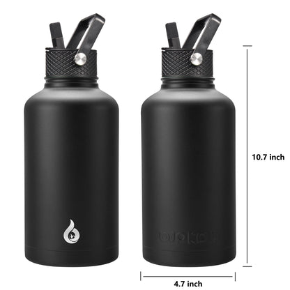 BJPKPK Half Gallon Insulated Water Bottles with Straw Lid, 64oz Large Water Jug, Stainless Steel Bottles with 3 Lids and Paracord Handle, Thermo for Hot & Cold Liquid, Black