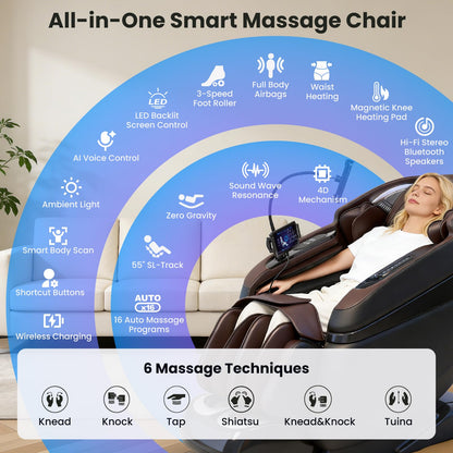 KTENTITO 4D Music Rhythm Massage Chair Full Body, 2026 Unique Sonic Resonance Zero Gravity SL-Track Shiatsu Recliner with Knee Heating Blanket AI Voice Bluetooth Foot Roller Body Scan Airbags G9 Black