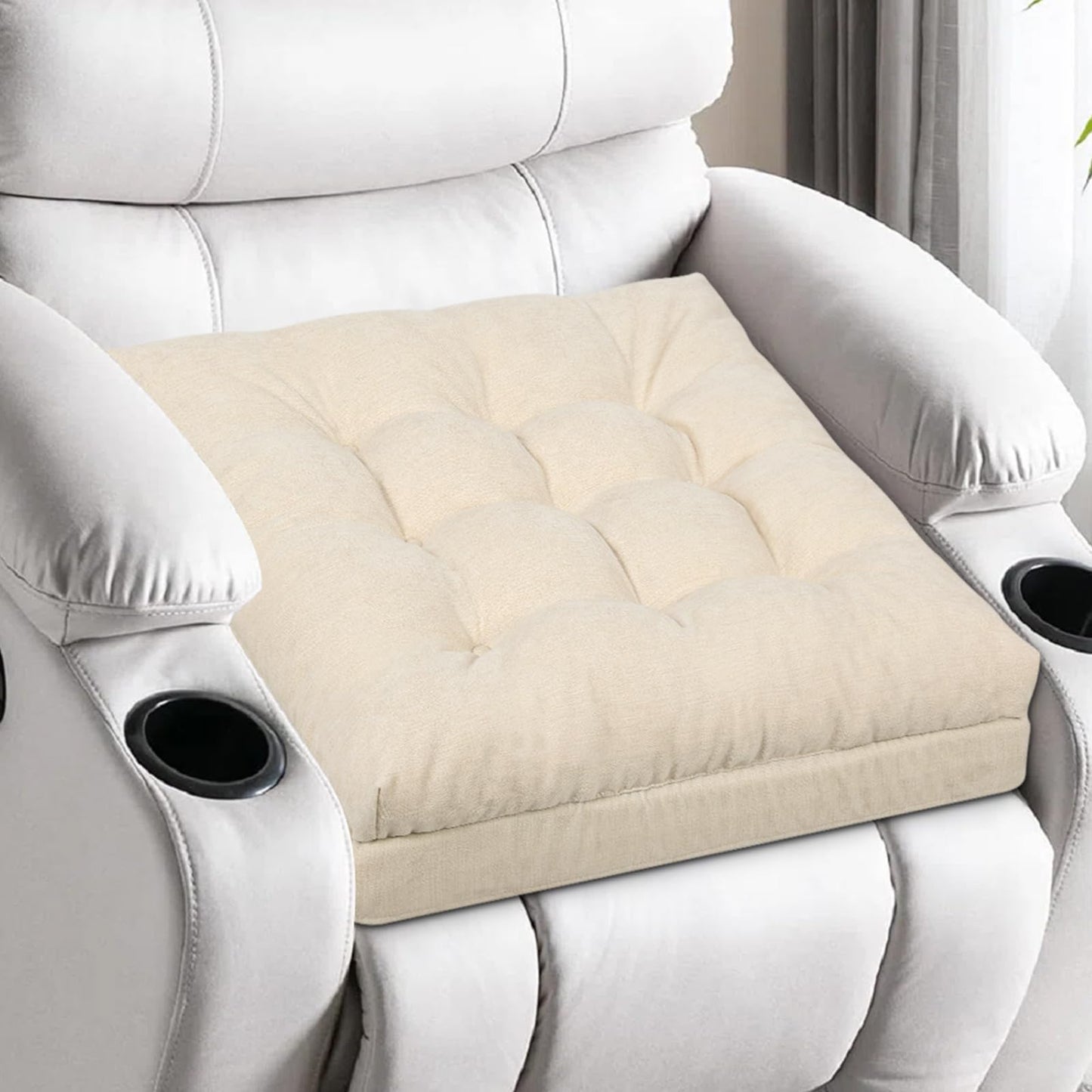 HAVARGO Recliner Cushions for Elderly, 20x20x4 Inch Thick Chair Cushion for Shorter Users Patent Design Soft Tufted Dual Layer Booster Seat Cushions for Seniors Recliner Risers Beige 1P