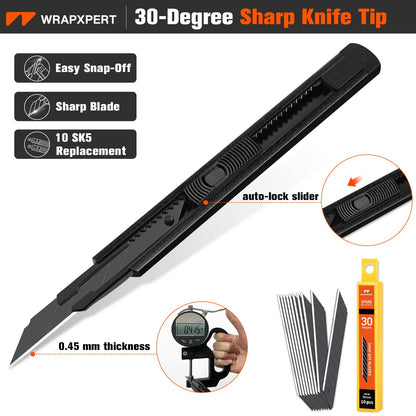 WRAPXPERT Utility Knife Retractable with 30 Degree Snap Off Blade,Box Cutter for Carton,Razor Knife Exacto Craft,3 Pack Retractable Knife for Office,Home Use,with 30 Extra 9mm Blades
