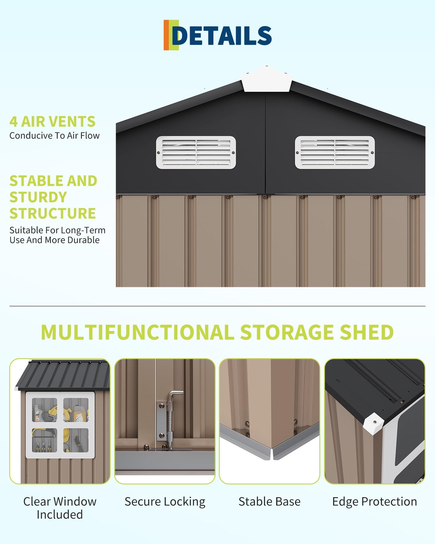 8x6 FT Outdoor Storage Shed with Window and Solar LED Light, Waterproof Metal Garden Tool Shed with Lockable Door, Vented Sloped Roof for Backyard Patio Lawn, Brown