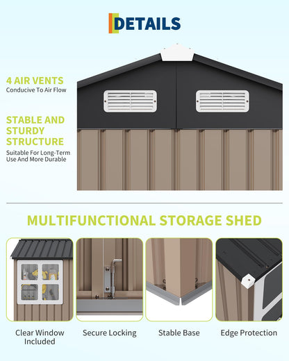 8x6 FT Outdoor Storage Shed with Window and Solar LED Light, Waterproof Metal Garden Tool Shed with Lockable Door, Vented Sloped Roof for Backyard Patio Lawn, Brown