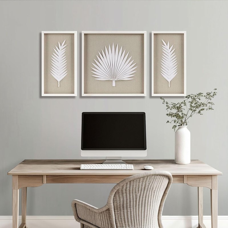 Madison Park Sabal Floral Wall Art - Handmade Canvas Palm Natural Rice Paper Shadow -Box Set, Glass, Wood Frame, Linen Base, Botanical Modern Room Decor for Hallway, Bedroom Accent, Off White 3 Piece