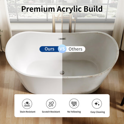 DeerValley 59" Free Standing Bathtub, Acrylic Soaking Tub with Center Drain & Integrated Overflow, Modern Standalone Shower Tub White, Deep Soaker, Ergonomic Design, DV-1T151S