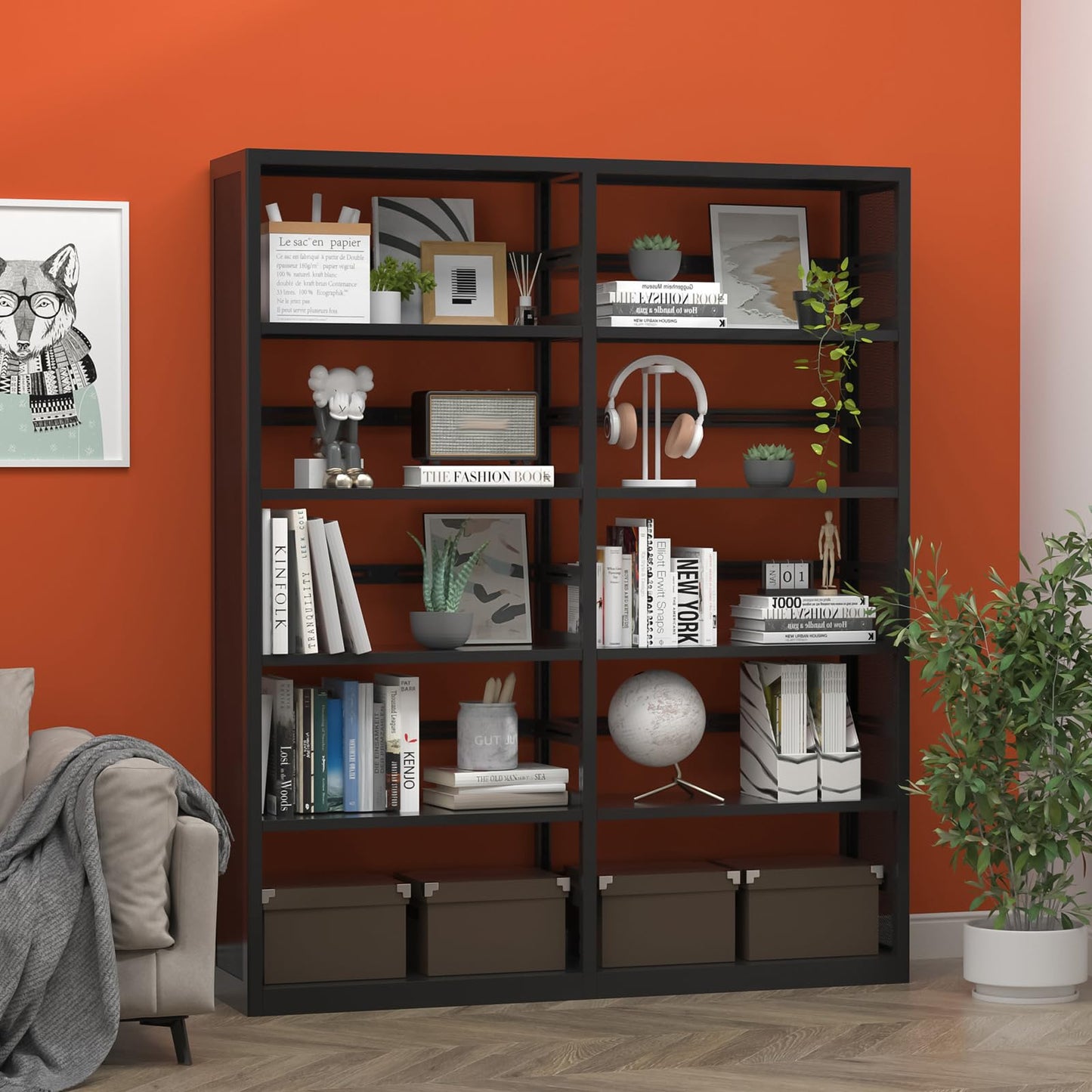 5 Tiers Bookshelf, 68" Metal Storage Book Rack, Black Modern Display Bookshelves with Adjustable Shelves, Steel Rack, Bookcase Storage Organizer for Library, Office, Kitchen, Study Room, Home Office