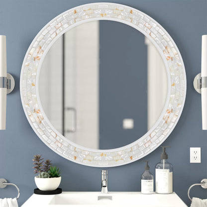 DUQIMO Mosaic Mirrors for Wall 30 Inch, Natural Mother of Pearl Inlay White Framed Round Mirror for Bathroom, Bedroom or Entryway