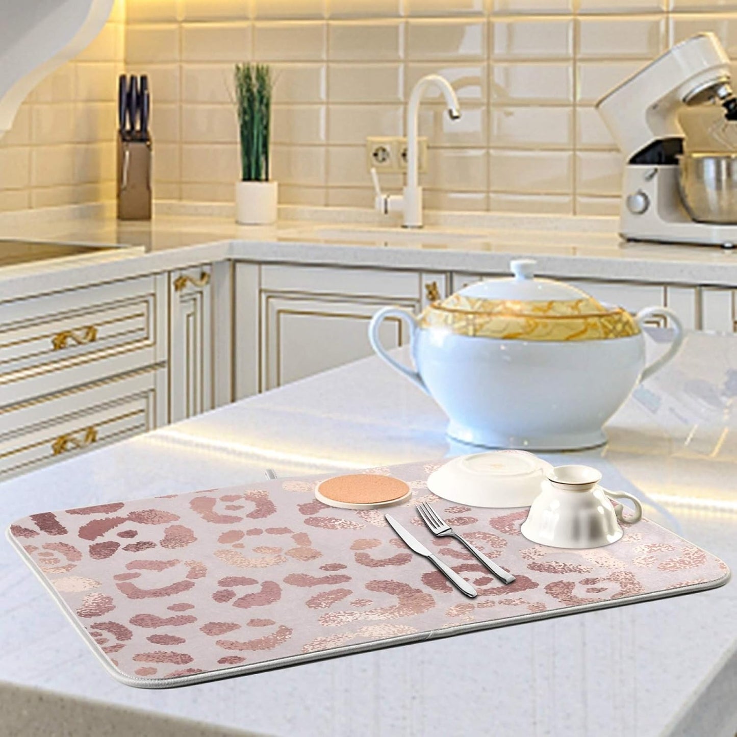 OREZI Absorbent Dish Drying Mat, Rose Golden Leopard Print, 16 x 18 Inches for Kitchen Counter