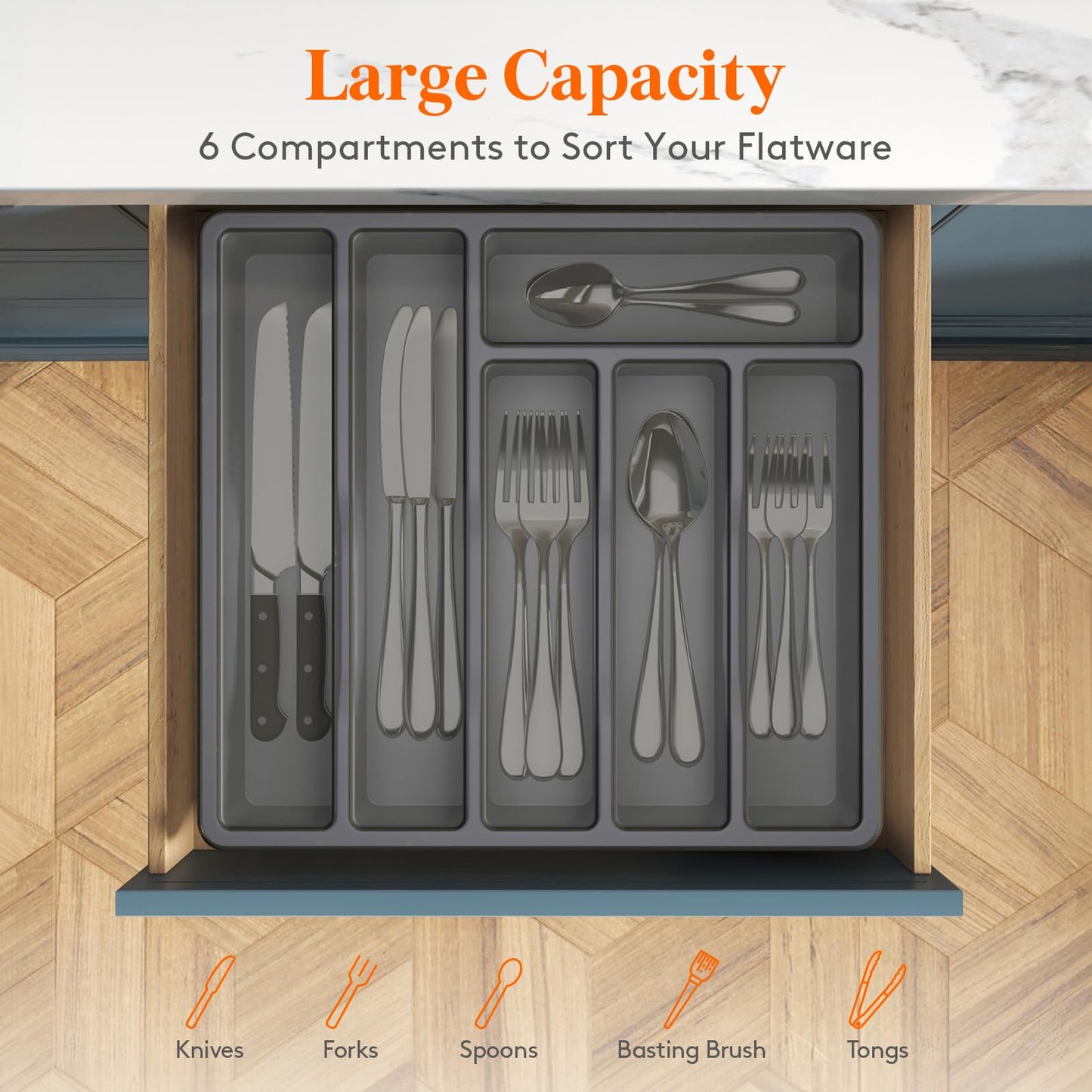 Lifewit Silverware Organizer with Lid, Covered Utensil Tray for Kitchen Drawer and Countertop, Plastic Cutlery and Flatware Storage Box for Spoons Forks Knives Holder Case, 6 Compartments, Black