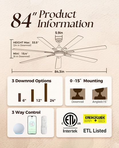 ECOiTEL 84 Inch Smart Ceiling Fan with Alexa APP,Large Black Ceiling Fan with Light,6 Speed,3CCT,Dual Finish 7 Blades,Quiet DC Motor Outdoor Fan for Patio,Big Living Room
