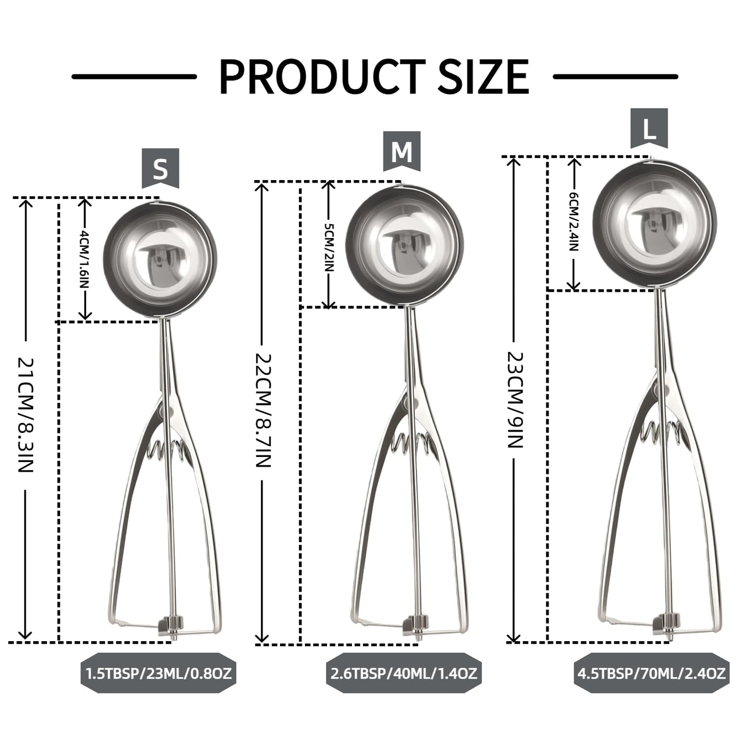 6-Piece Stainless Steel Cookie Scoop Set, 3 Sizes Ice Cream Scoop with Trigger Release, Portion Scoops for Baking, Cookie Dough, Meatballs, Melon Balls, Cupcakes, Desserts and Kitchen Prep