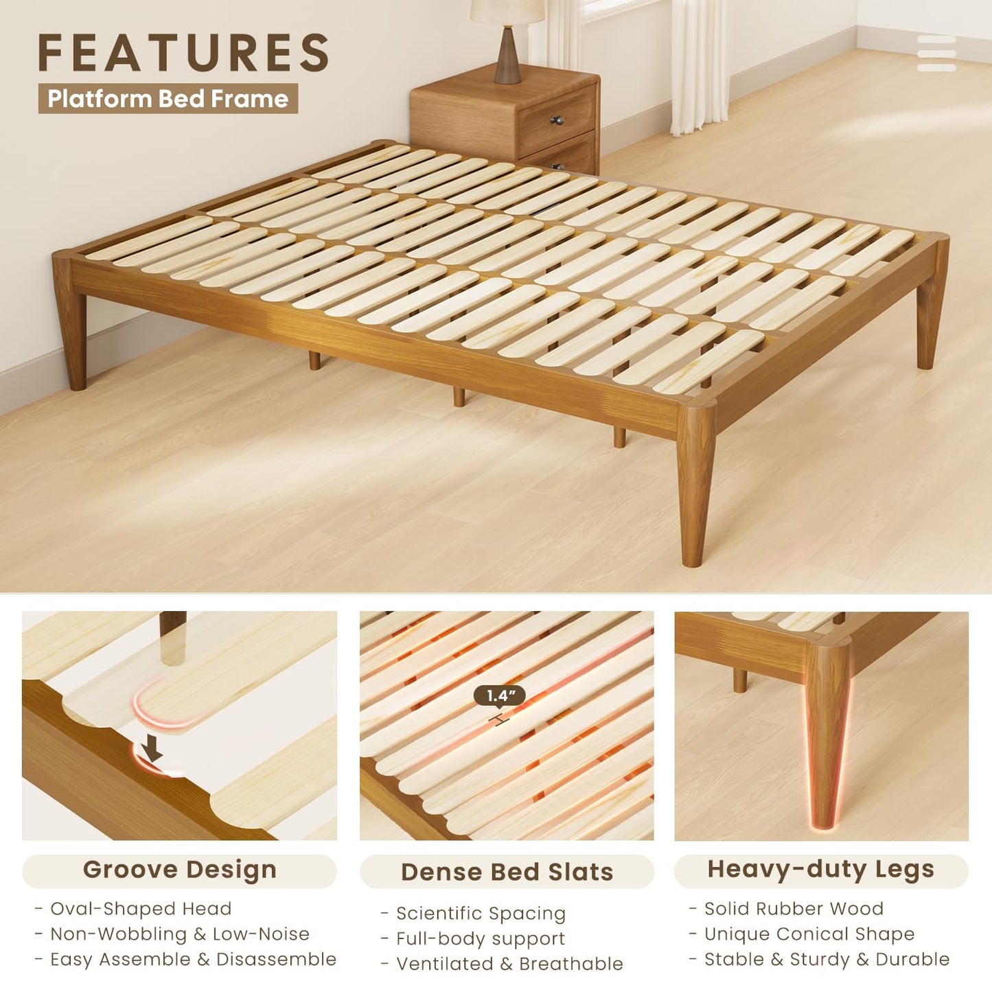 IOTXY Twin-XL Platform Bed Frame - Solid Wood 16-Inch Height Mattress Foundation Base with Densely Slats and Heavy-Duty Support Legs, No Box Spring Needed, Teak