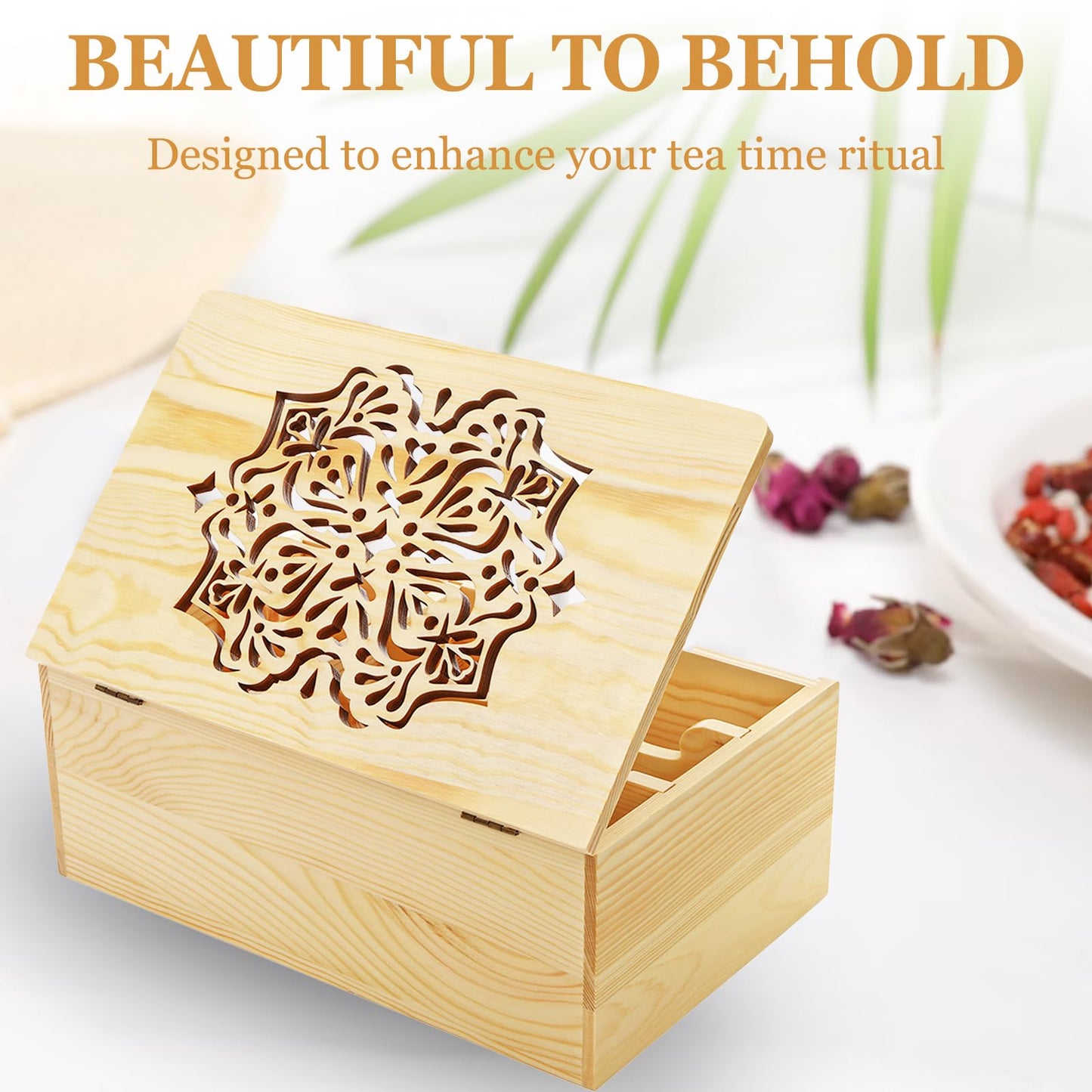 WRINGKIT Tea Bag Organizer Box, Wooden Tea Bag Chest Holder Container with 9 Compartment Floral Carved Lid, Multi-Functional Decorative Box for Storage Sugar Packet, Sweets, Christmas Gift