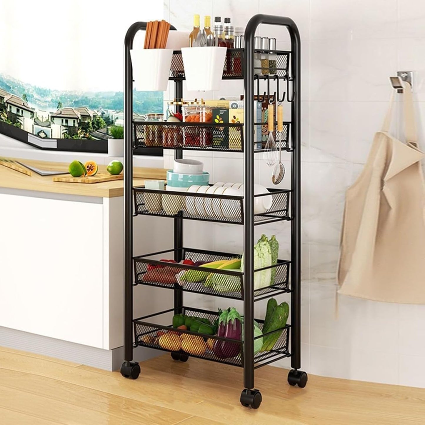 5 360 41 Inch Fruit Vegetable Basket Storage Cart Tier Snack Cart Stackable Metal Mesh Vegetable Organizer with Degree